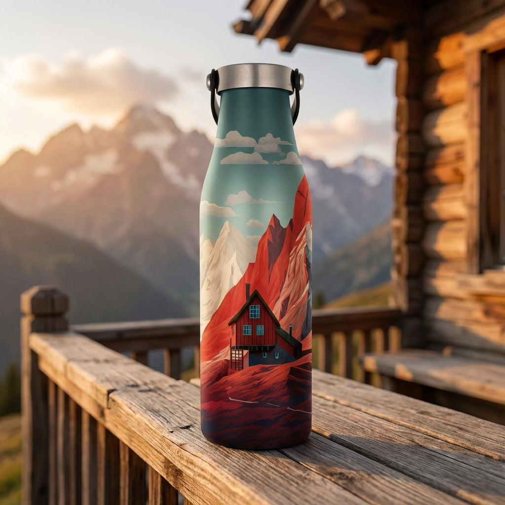 LAMOSE Robson 21oz bottle featuring a teal to red gradient with a snowy mountain and cabin illustration.