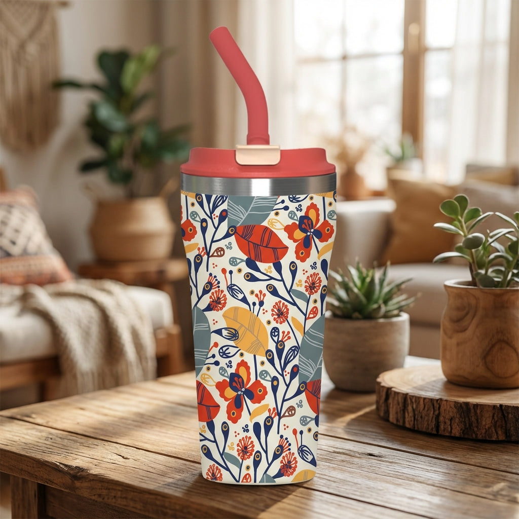 LAMOSE Bow 16 oz insulated tumbler featuring a cream and red floral pattern with a coral lid and curved straw sitting on a rustic wooden table.