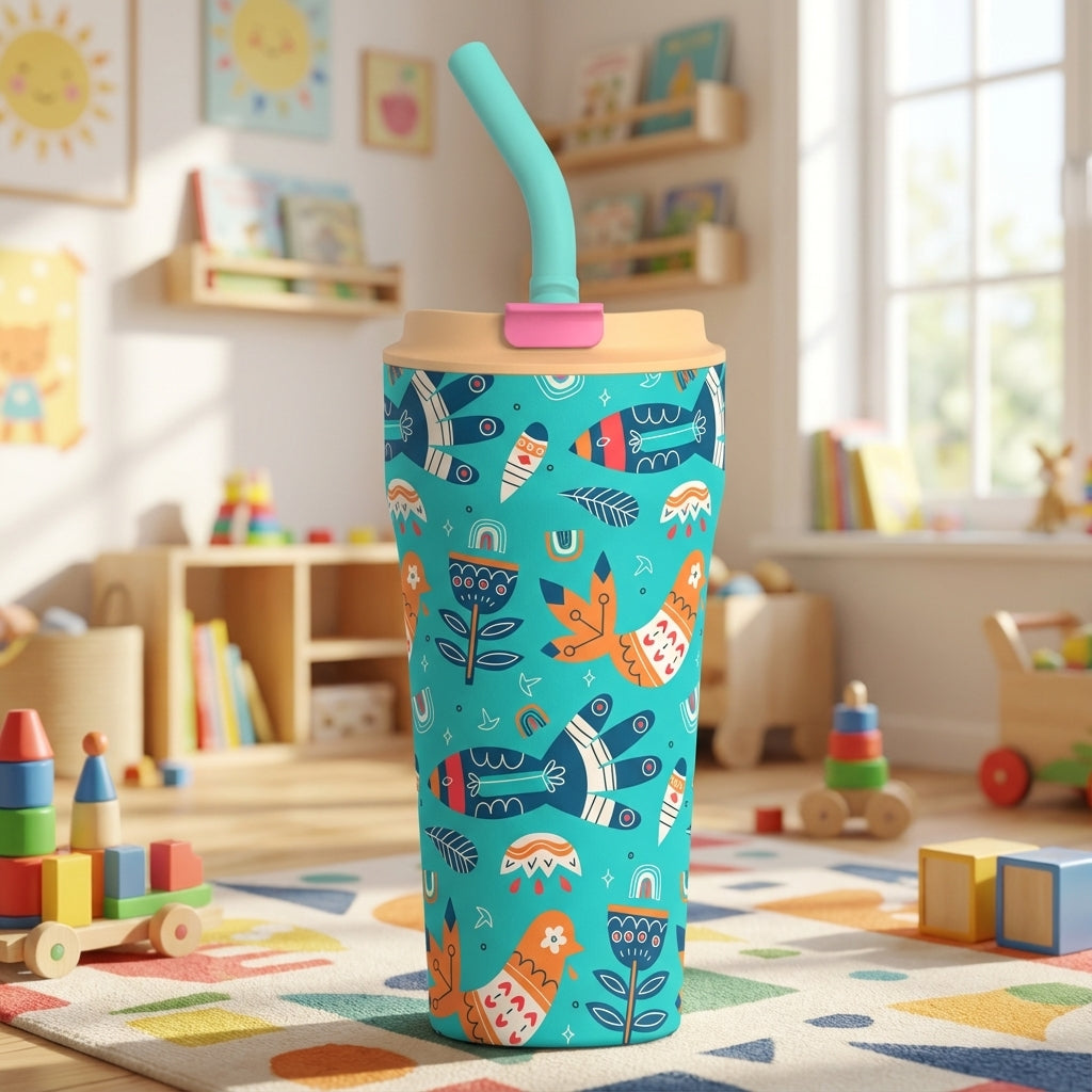 Turquoise 16oz insulated tumbler with a whimsical pattern of orange birds, blue flowers, and rainbows, featuring a tan lid and blue-green straw.