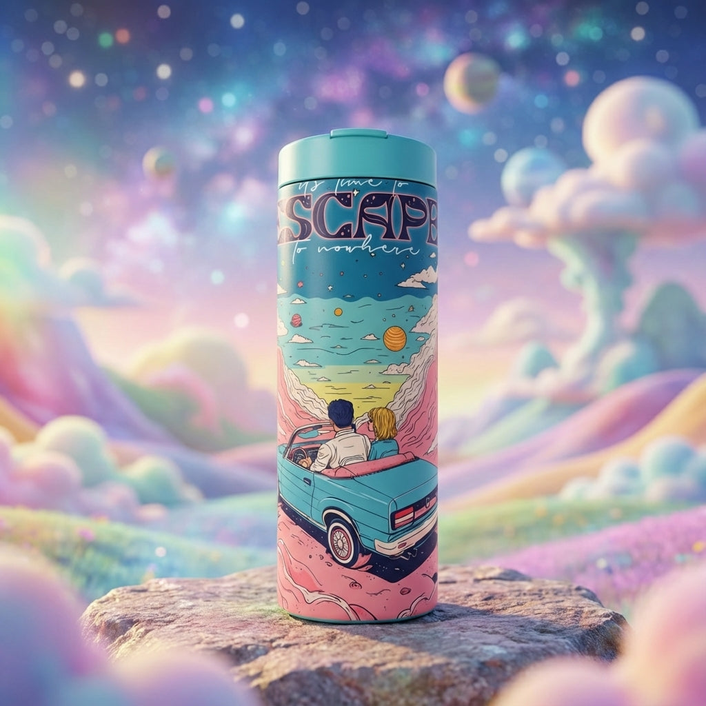 White 16 oz insulated tumbler with blue lid featuring a stylized illustration of a couple in a turquoise convertible driving through pink cliffs under a celestial space sky.