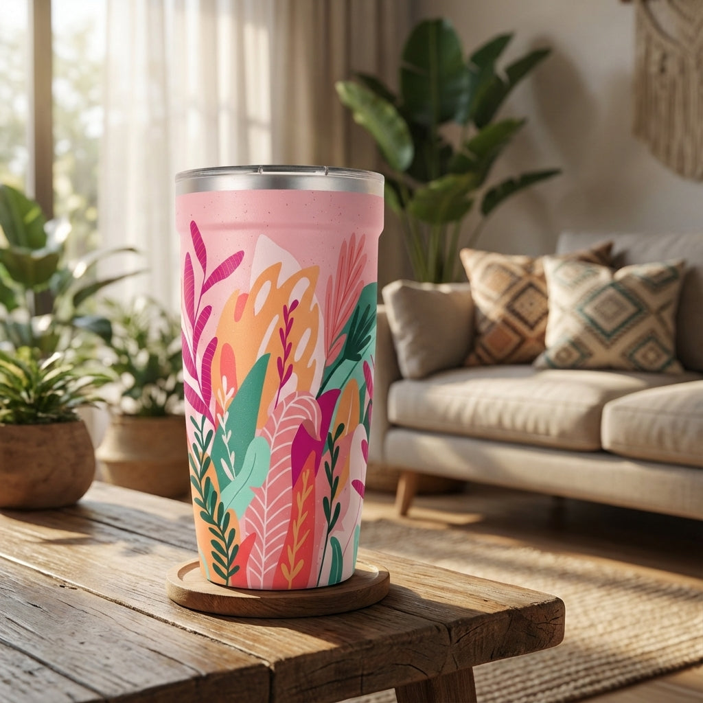 Peyto 16oz pink speckled tumbler featuring stylized orange, teal, and green tropical leaves sitting on a wooden coaster.