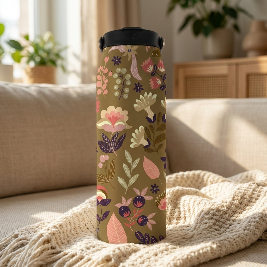 Close-up of olive green 34oz insulated water bottle featuring pink and purple botanical wildflower pattern resting on a beige knit blanket.