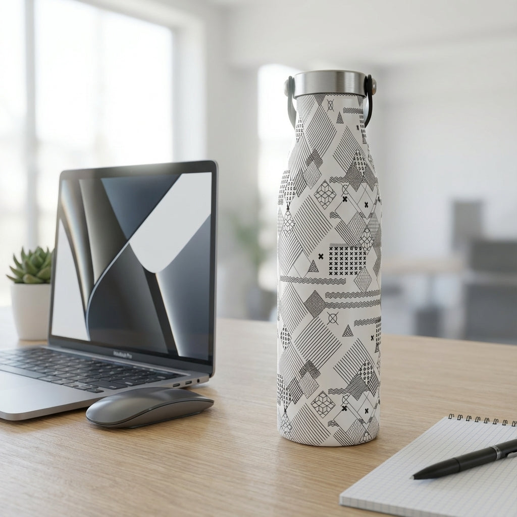 White LAMOSE Robson 21 oz insulated water bottle featuring black geometric doodle patterns sitting on a minimalist wooden desk next to a laptop and succulent.