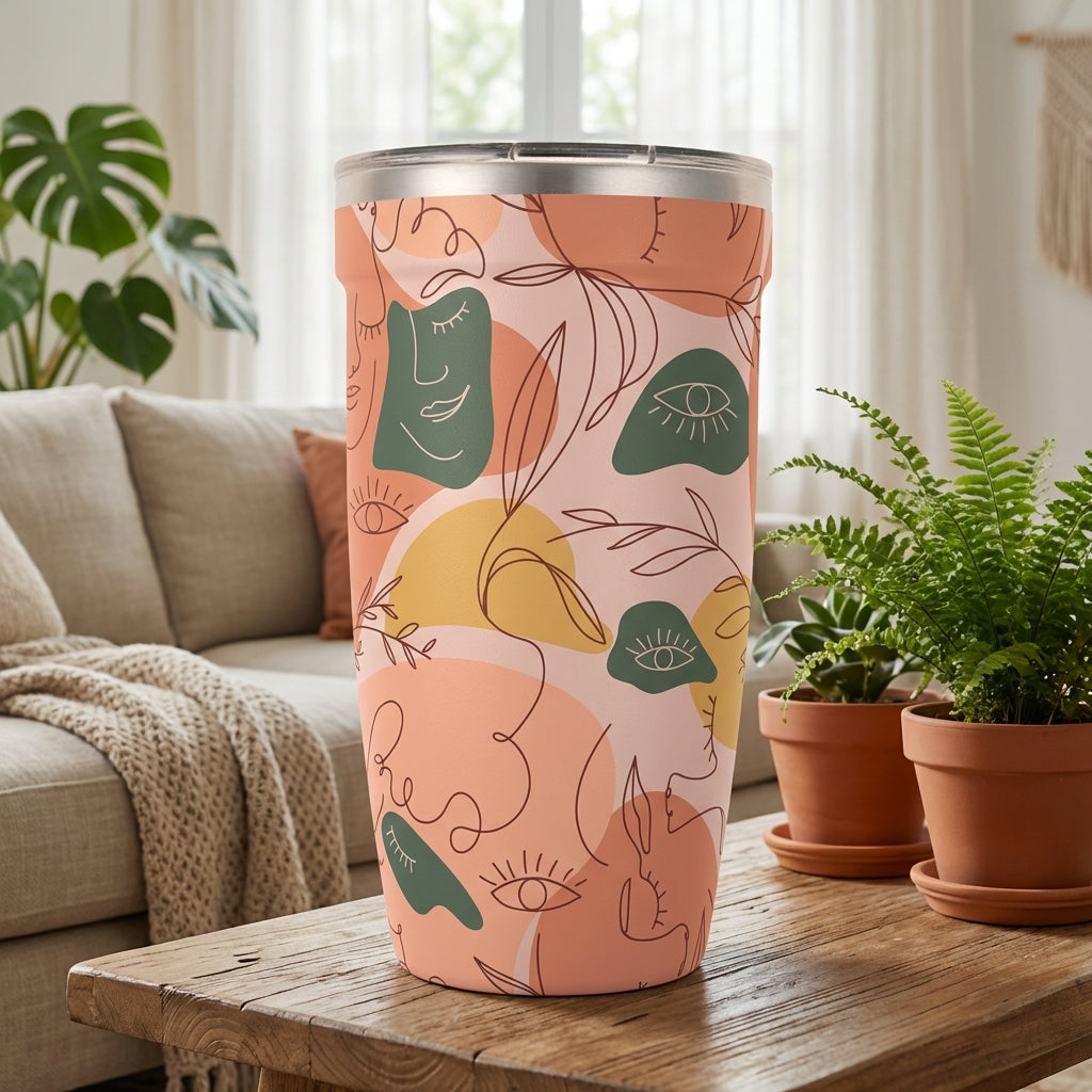 Peyto 16 oz travel cup featuring abstract line art faces, eyes, and olive green botanical shapes on a light pink background.
