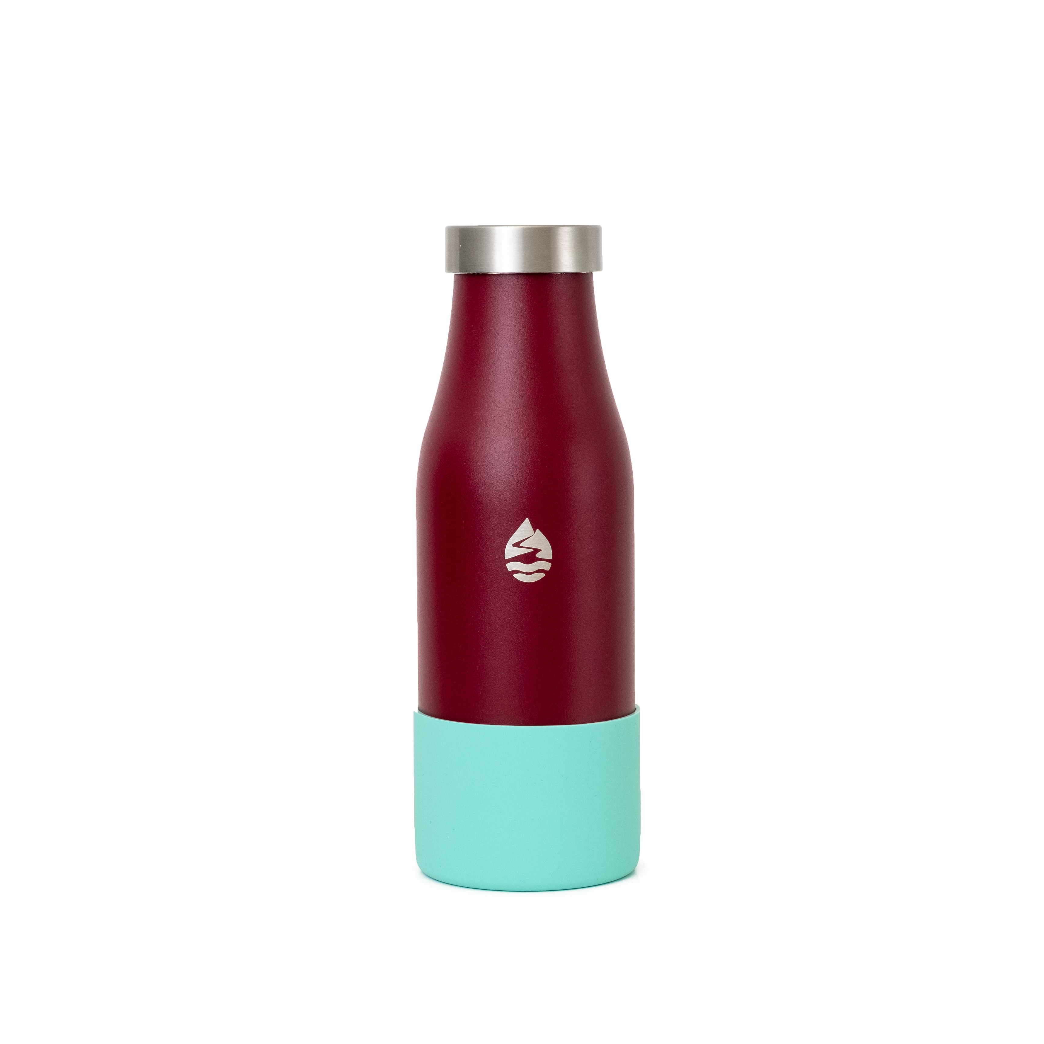 LAMOSE burgundy metal insulated bottle with turquoise silicone base protector and silver cap, standing straight.