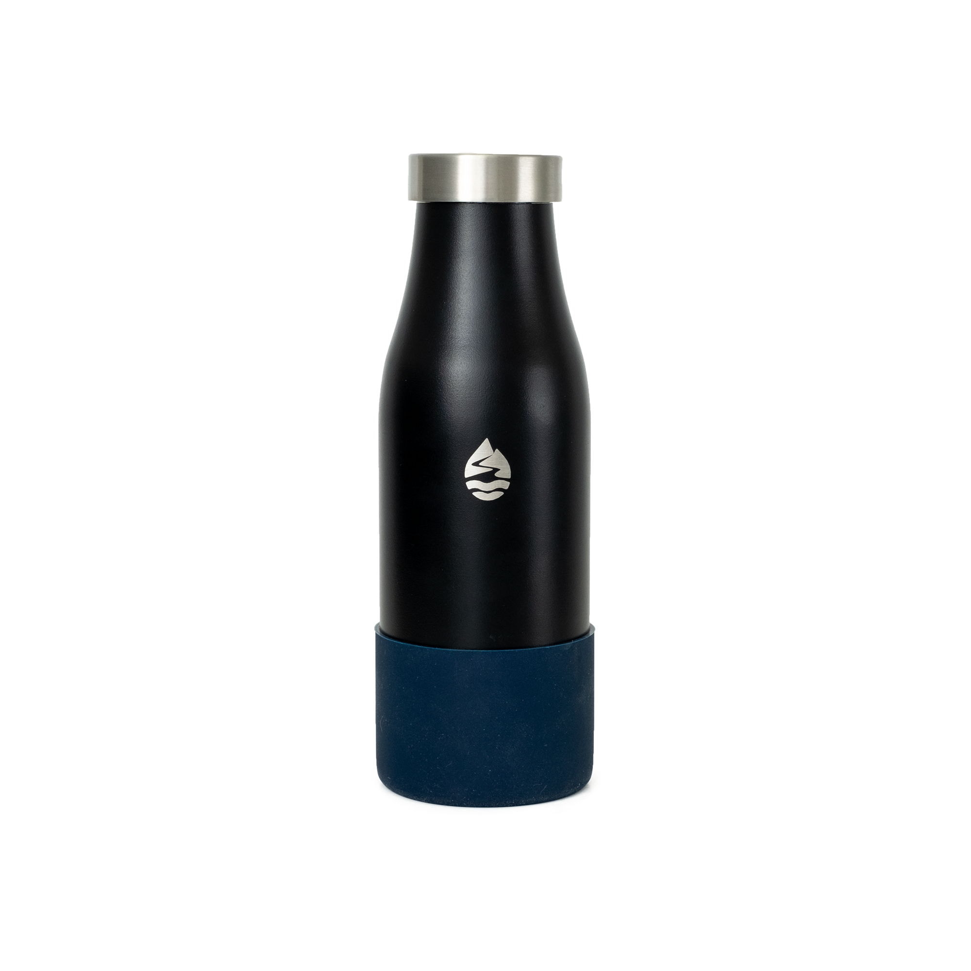 LAMOSE insulated water bottle in black with a dark blue silicone base protector and stainless steel cap, front view showing silver logo.