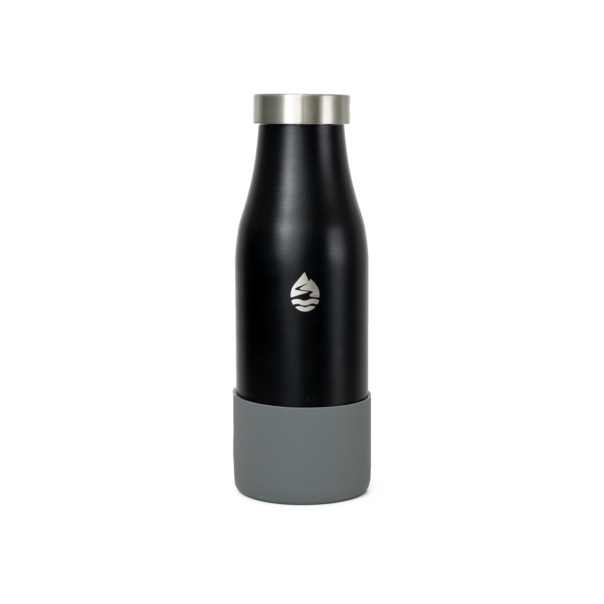 LAMOSE insulated water bottle, matte black with smokey grey silicone base protector and silver stainless steel cap, front view.