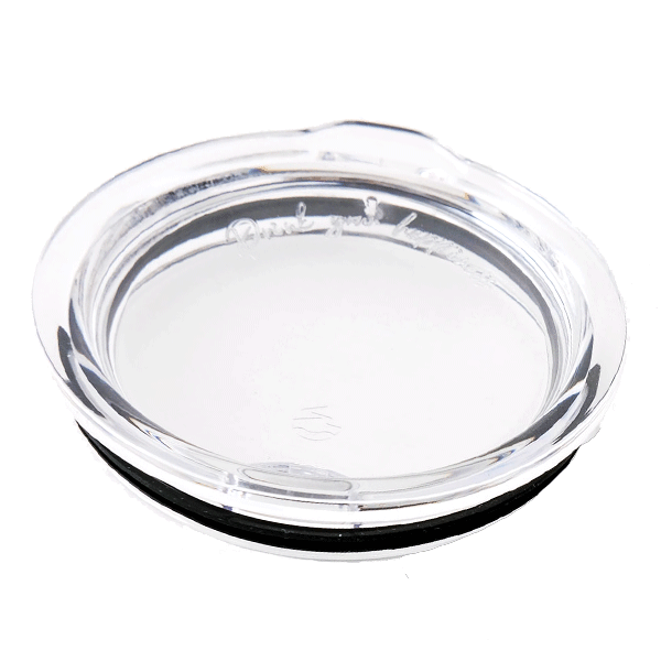 LAMOSE clear replacement drinkware lid, top-angled view, transparent BPA-free plastic with black gasket and engraved details.