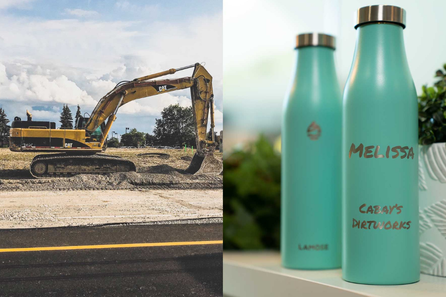 Custom LAMOSE bottles for Cabays Dirtworks Calgary construction client gifts