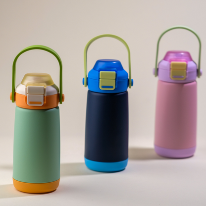 Whimsical Tweets & Love Notes Goose 14 oz kids water bottle in lavender and pink with cute bird pattern design