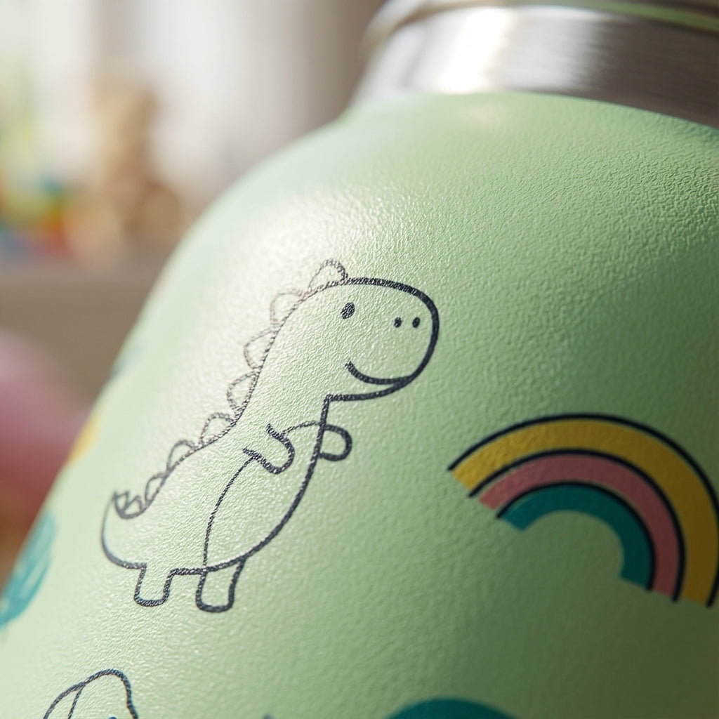 Detail shot - Light green LAMOSE Goose 14oz kids water bottle featuring illustrations of unicorns, dinosaurs, planets, and rainbows with orange accents.