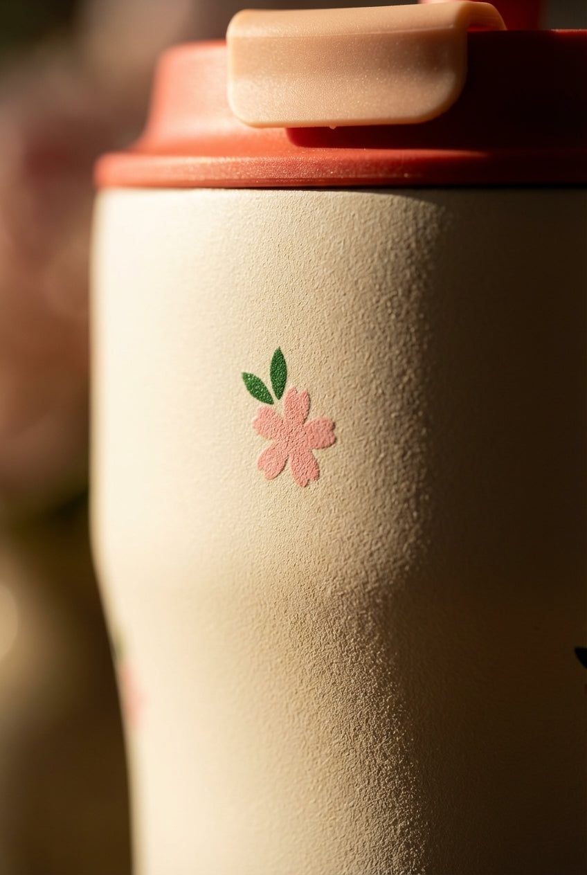 Detail shot - Cream LAMOSE Bow 16 oz tumbler with small pink floral pattern and peach straw standing on a wooden table next to a vase of peonies.