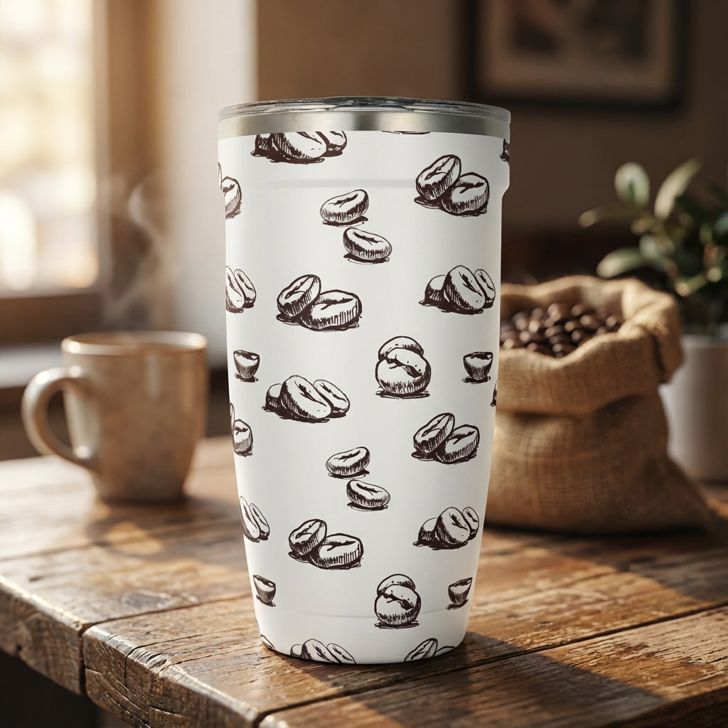 White 16oz insulated travel cup featuring a black hand-drawn coffee bean and mug pattern with stainless steel lid on a wooden table.