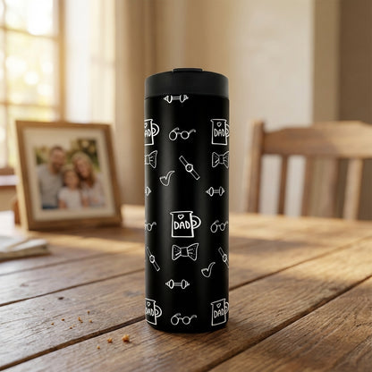 Black Grouse 16 oz insulated tumbler featuring a white pattern of glasses, bow ties, watches, smoking pipes, and dumbbells for Father's Day