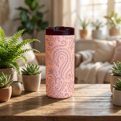 Close-up of LAMOSE Grouse 12oz tumbler featuring an ornate pink paisley floral pattern and dark brown leakproof lid.