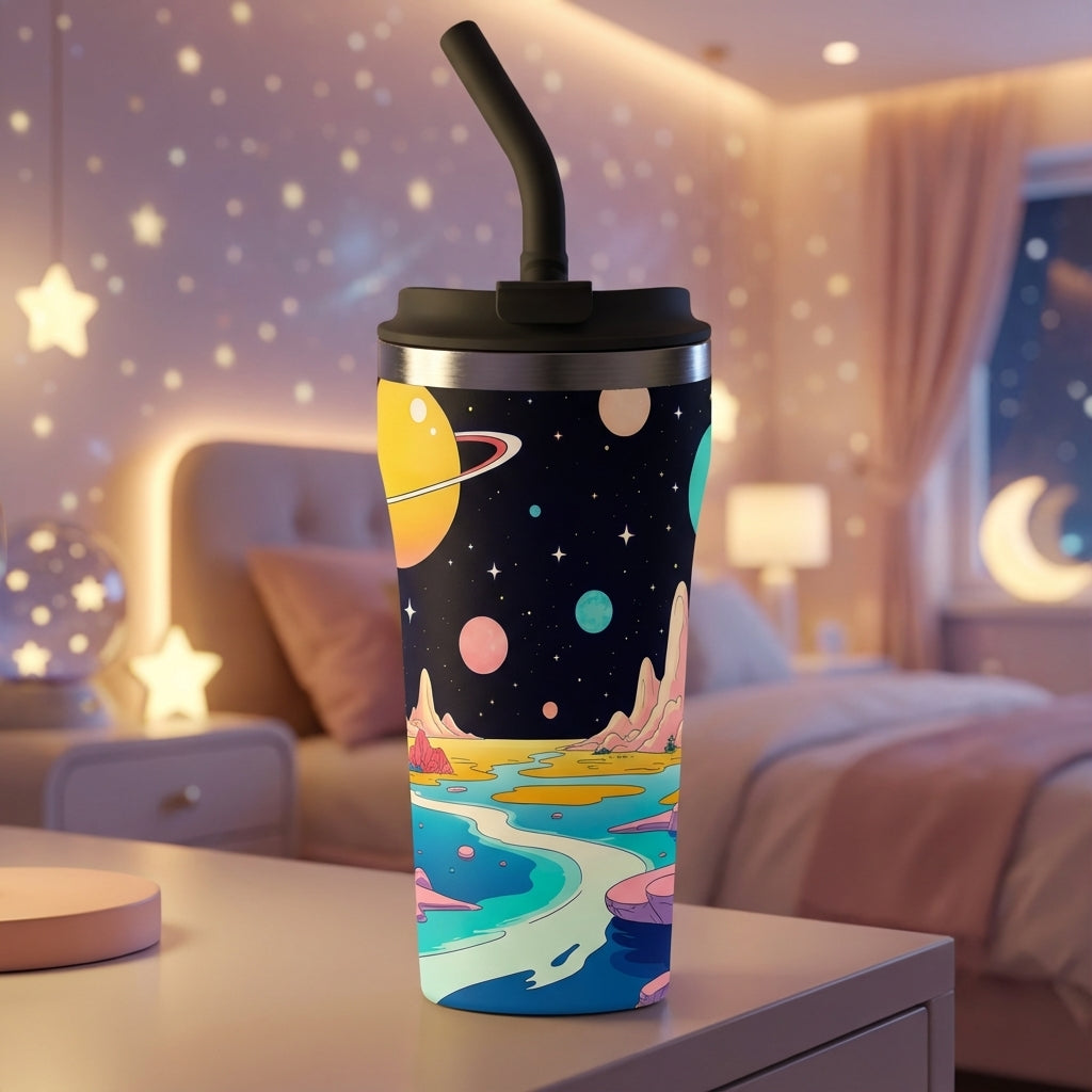 LAMOSE Bow 16 oz tumbler featuring a colorful fantasy space scene with pink mountains, teal waterways, and a starry night sky.