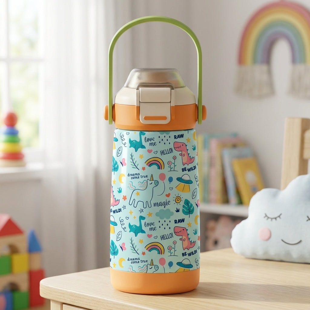 LAMOSE Goose 14oz kids water bottle featuring a light blue body with colorful cartoons of unicorns, dinosaurs, rainbows and space elements, orange base and green handle.
