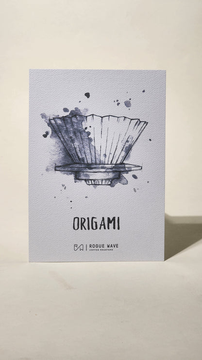 LAMOSE white textured Brew Guides Card featuring an Origami coffee dripper illustration and 'Rogue Wave Coffee Roasters' branding, angled.
