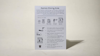 LAMOSE Brew Guides card with espresso brewing instructions, illustrations, and tips on a white textured paper, top-down view.