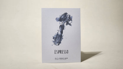 LAMOSE coffee brew guide card, white textured paper with blue watercolor portafilter illustration, 'ESPRESSO' text & Rogue Wave logo, front view.