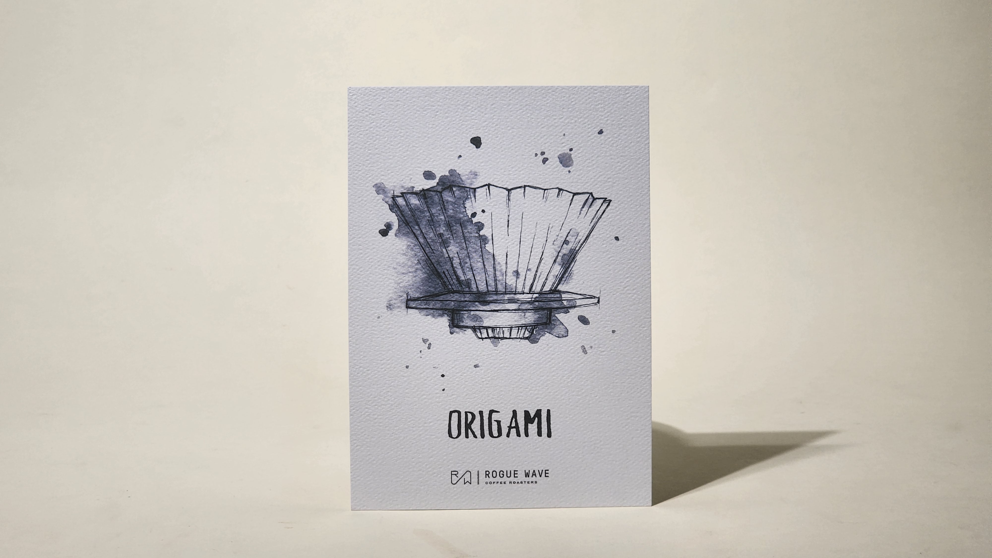 LAMOSE Brew Guides Card for Origami coffee recipe, white textured paper, front view, featuring a hand-drawn coffee dripper design.