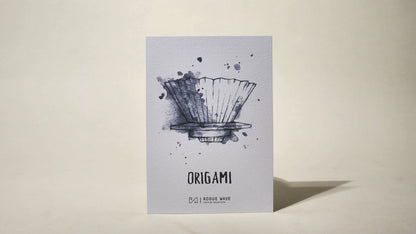 LAMOSE Brew Guides Card for Origami coffee recipe, white textured paper, front view, featuring a hand-drawn coffee dripper design.