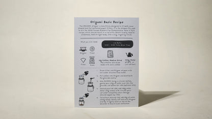 LAMOSE Brew Guides Card for Origami Basic Recipe. A white card with black text and illustrations of coffee brewing steps.