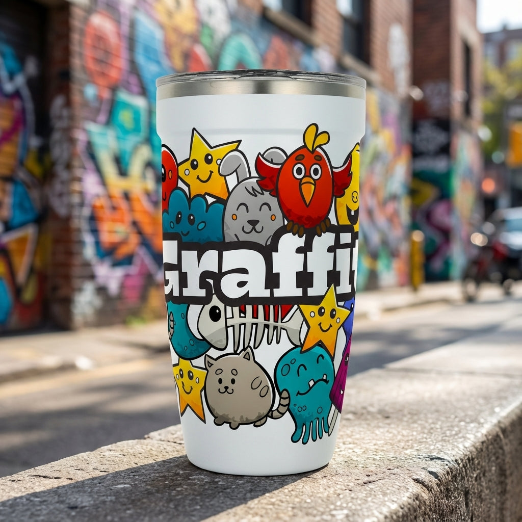 White Peyto 16 oz tumbler featuring colorful cartoon graffiti, stars, animals, and prominent Graffiti text in a street art style.