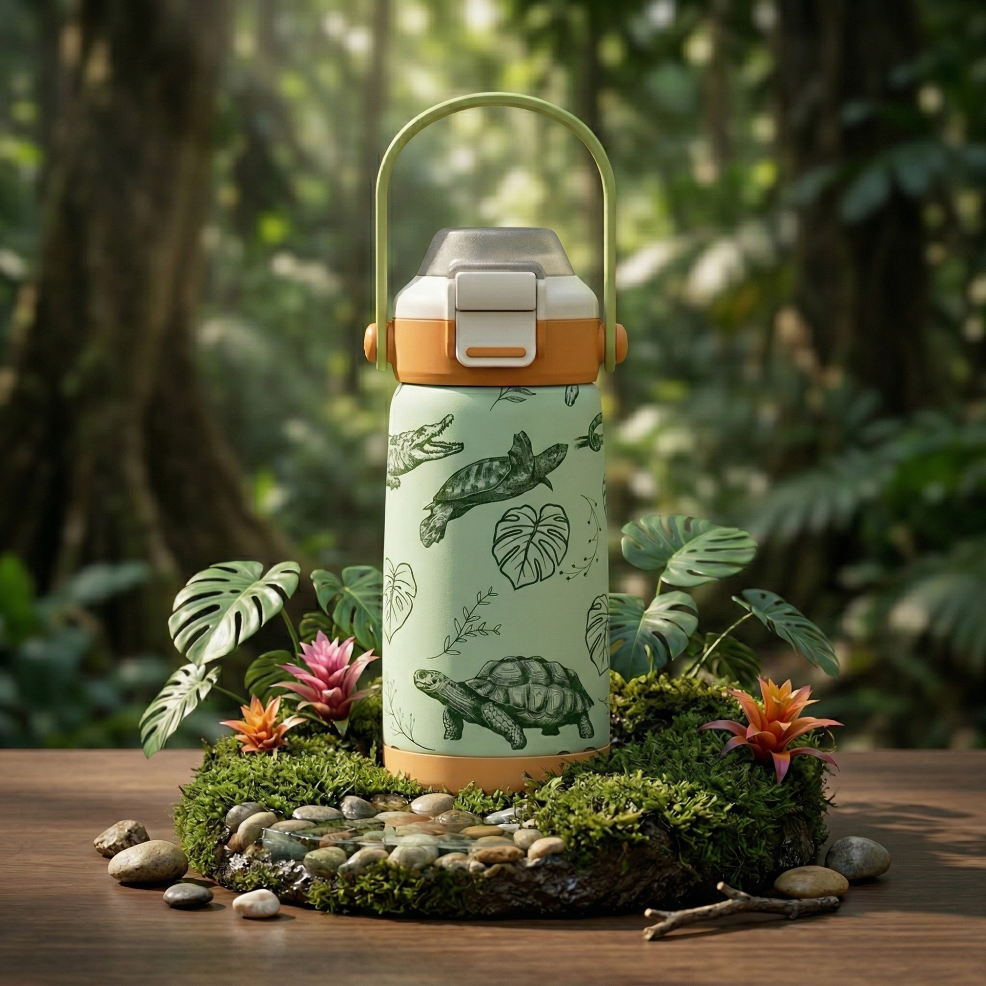 Goose 14 oz insulated kids water bottle with colorful zoo animal theme pattern, stainless steel construction for school
