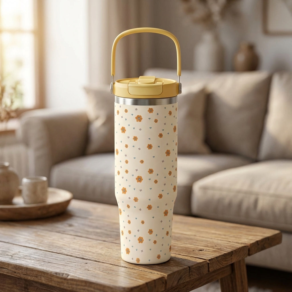 Close-up of LAMOSE Cascade 40 oz tumbler featuring cream body with orange flowers and blue hearts pattern, topped with a yellow lid.