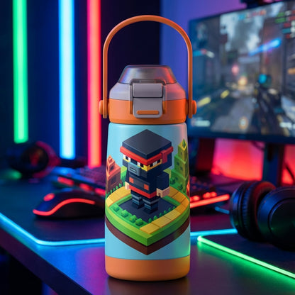 LAMOSE Goose 14oz kids water bottle featuring an 8-bit pixel art ninja design on a grassy island against a gaming background
