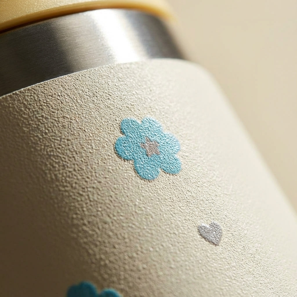 Detail shot - Cream colored 40 oz insulated tumbler with small blue flowers and grey hearts pattern, featuring a yellow handle and flip lid, sitting on a wooden table.