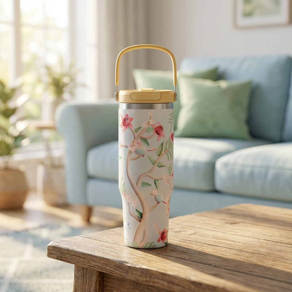 LAMOSE Cascade 40 oz tumbler in cream with vintage red floral and bird pattern, featuring a pale yellow handle and flip lid.