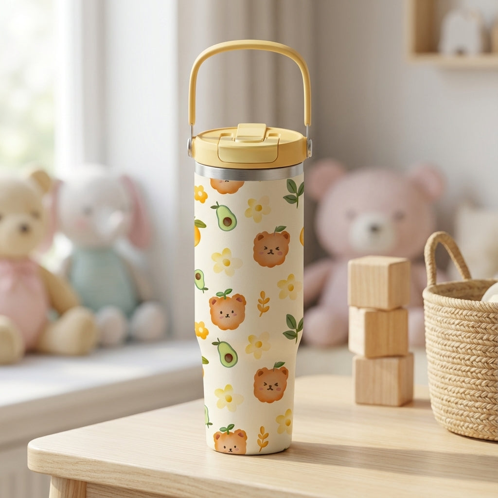 LAMOSE Cascade 40 oz tumbler in cream with cute cartoon bear faces, avocados, and yellow flowers, featuring a yellow flip lid and handle.