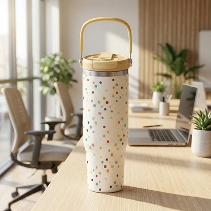 White 40 oz insulated tumbler with colorful connected dots pattern and yellow lid sitting on a modern minimalist desk with plants.