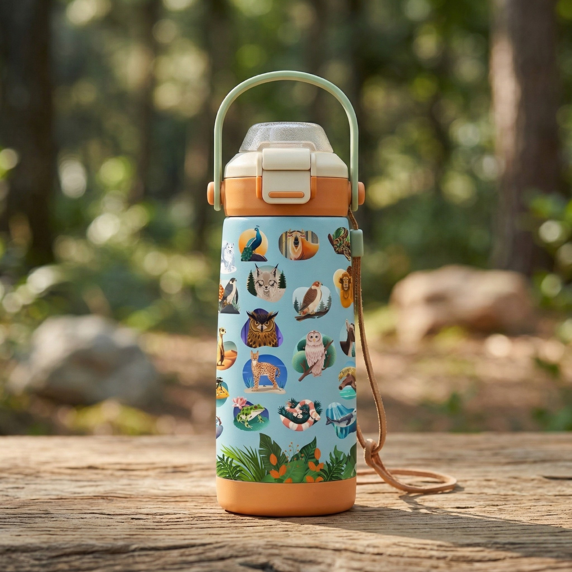 Goose 14 oz Zoo Theme insulated kids water bottle with colorful animal prints, stainless steel construction