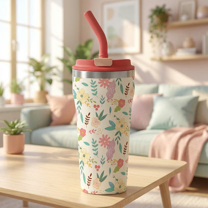 LAMOSE Bow 16oz tumbler in cream with colorful spring floral pattern and coral pink lid standing in natural light.