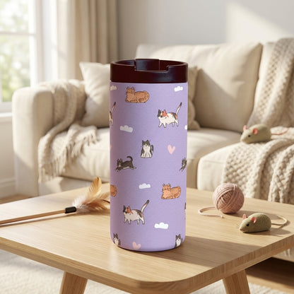 Grouse 12 oz insulated tumbler in soft purple featuring cartoon cat illustrations, pink hearts, and clouds with a dark brown leakproof lid.