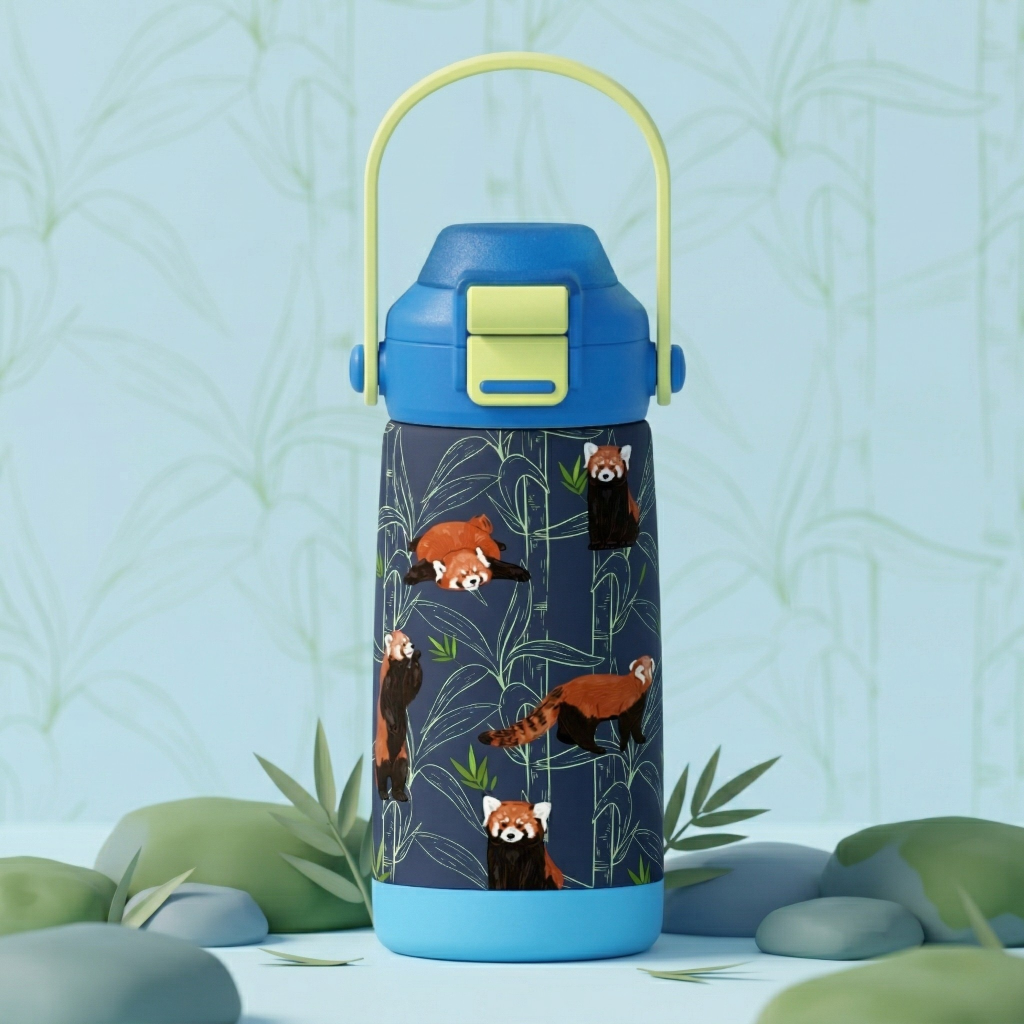 Goose 14 oz insulated kids water bottle with colorful zoo animal theme pattern, premium stainless steel construction