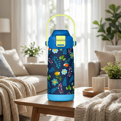 Navy blue Goose 14 oz kids water bottle featuring a vibrant white, orange, and blue floral pattern with a neon yellow handle.