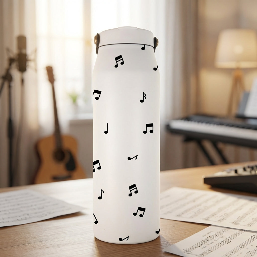 Grouse 34 oz insulated white tumbler featuring a pattern of black musical notes and symbols sitting on a piano bench.