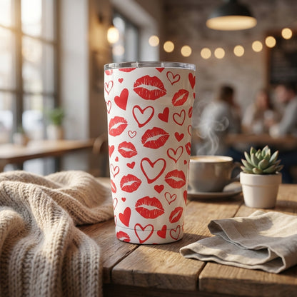 White Peyto Pro Enamel 12oz tumbler with red lips and hearts pattern sitting on a wooden cafe table with latte art in background