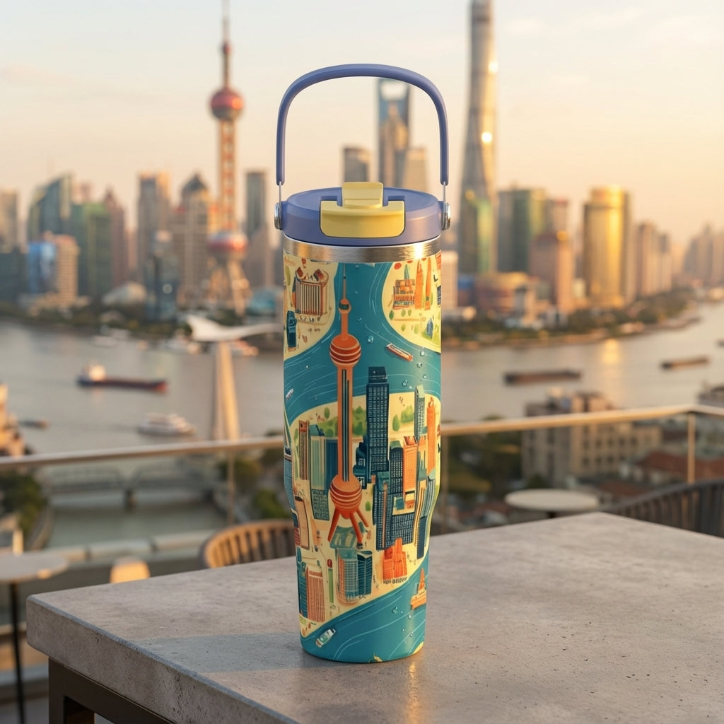 LAMOSE Cascade 40oz tumbler featuring a vibrant, stylized illustration of the Shanghai skyline, Oriental Pearl Tower, and Huangpu River boats.