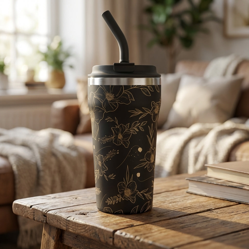 Close up of black matte 16 oz tumbler featuring delicate gold line art of flowers and leaves, standing on a dark wooden surface.