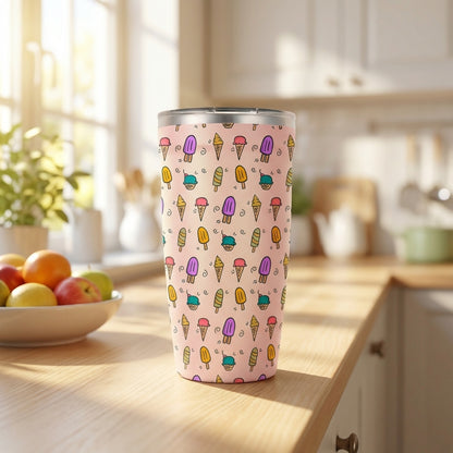 Pink stainless steel travel tumbler featuring a colorful pattern of ice cream cones and popsicles in yellow, teal, and purple.