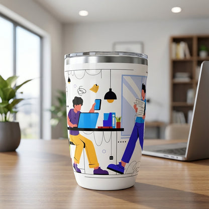 White Peyto 12oz mug featuring cartoon illustrations of office workers, laptops, and floating papers in yellow, purple, and blue flat design style.