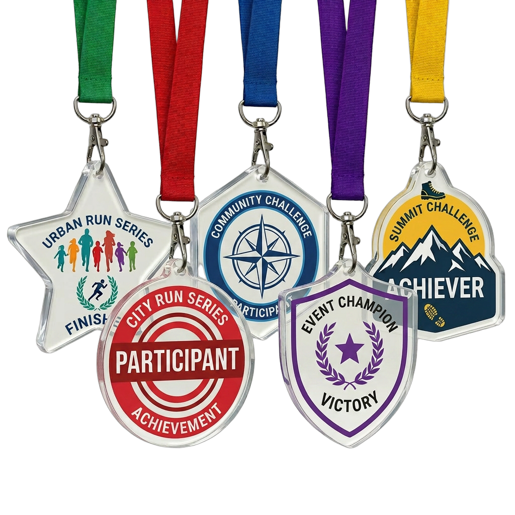 Custom Fun Run & 5K Race Medals — Full Color Acrylic, Any Shape, Lanyard Included | Bulk Group Order