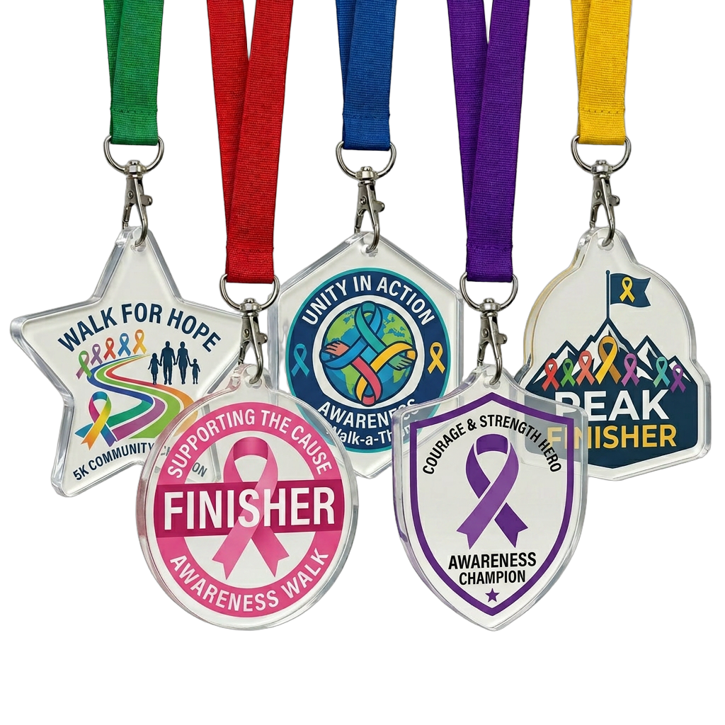 Custom Charity & Fundraiser Medals — Full Color Acrylic, Any Shape, Lanyard Included | Bulk Group Order