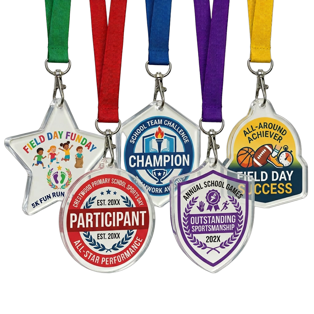 Custom School Sports Day & Field Day Medals — Full Color Acrylic, Any Shape, Lanyard Included | Bulk Group Order