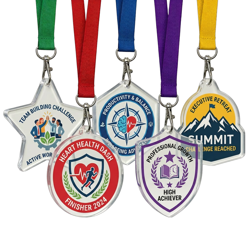 Custom Corporate Wellness & Team Event Medals — Full Color Acrylic, Any Shape, Lanyard Included | Bulk Group Order